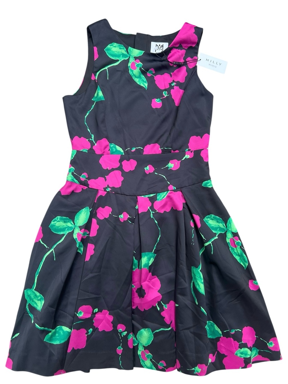 Milly Minis Girls' Black Floral Fit-and-Flare Scoop Neck Dress 12 Years NWT